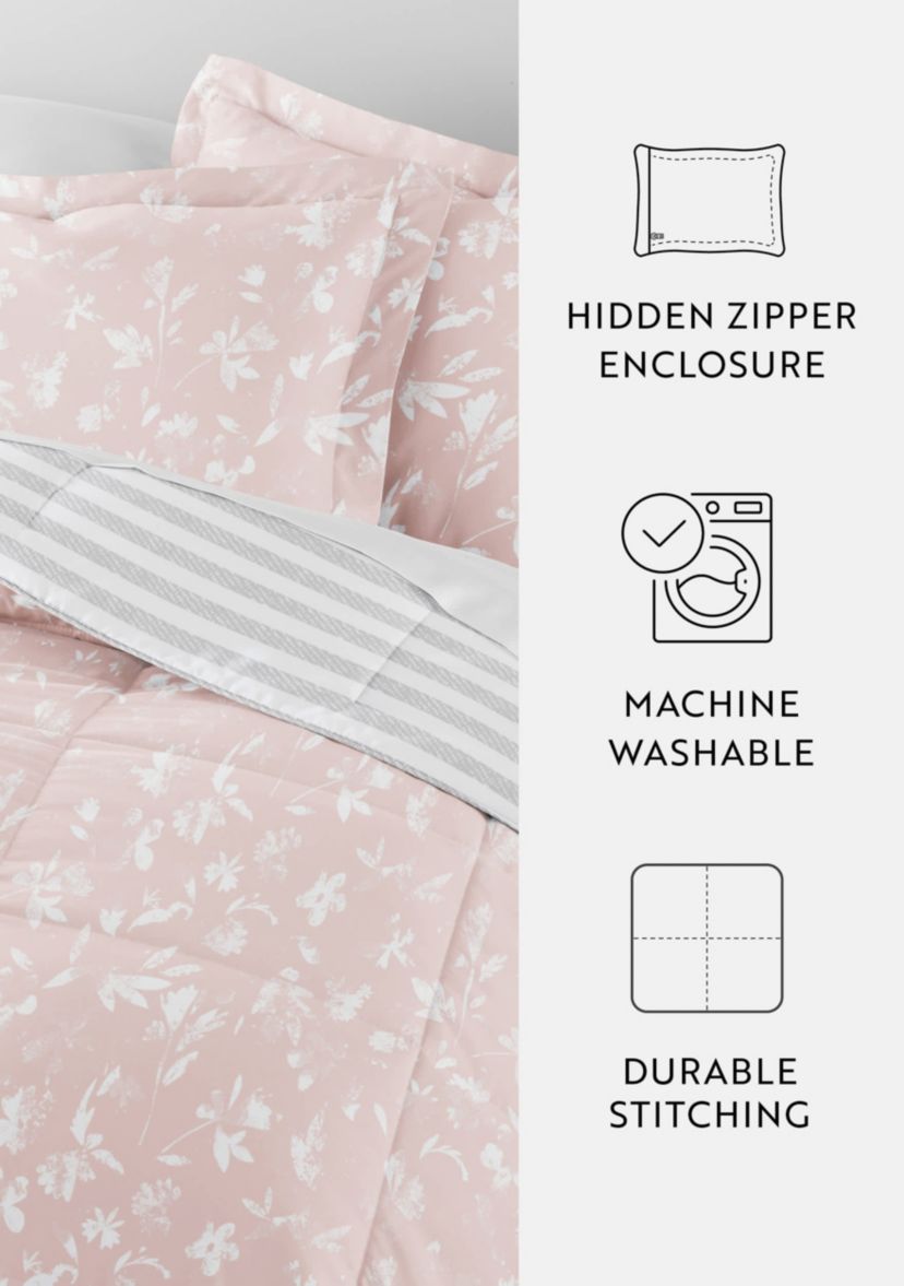Reversible Pressed Botanicals Patterned Ultra Soft Microfiber Down-Alternative Comforter Set