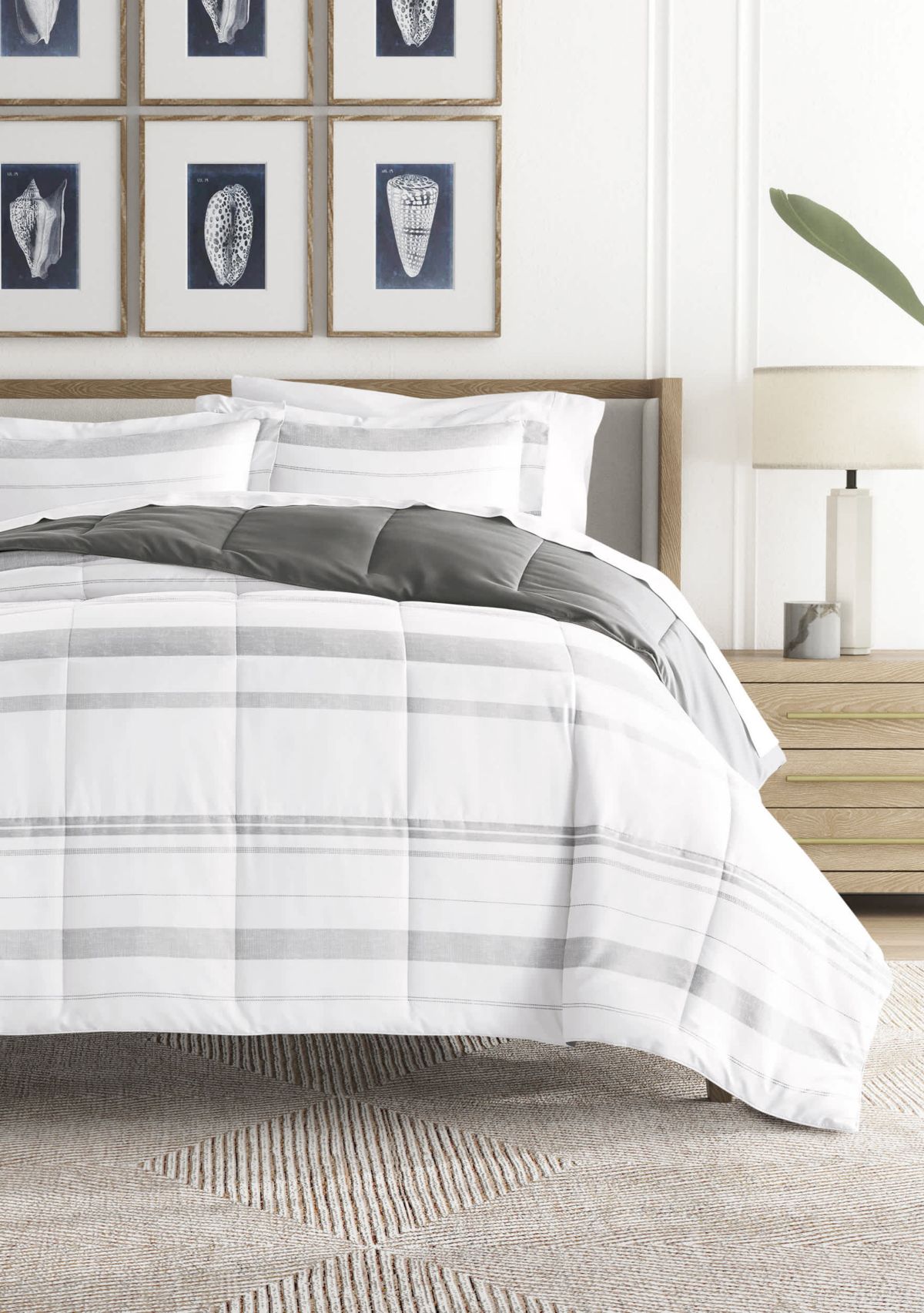 Reversible Stitched Stripe Patterned Ultra Soft Microfiber Down-Alternative Comforter Set