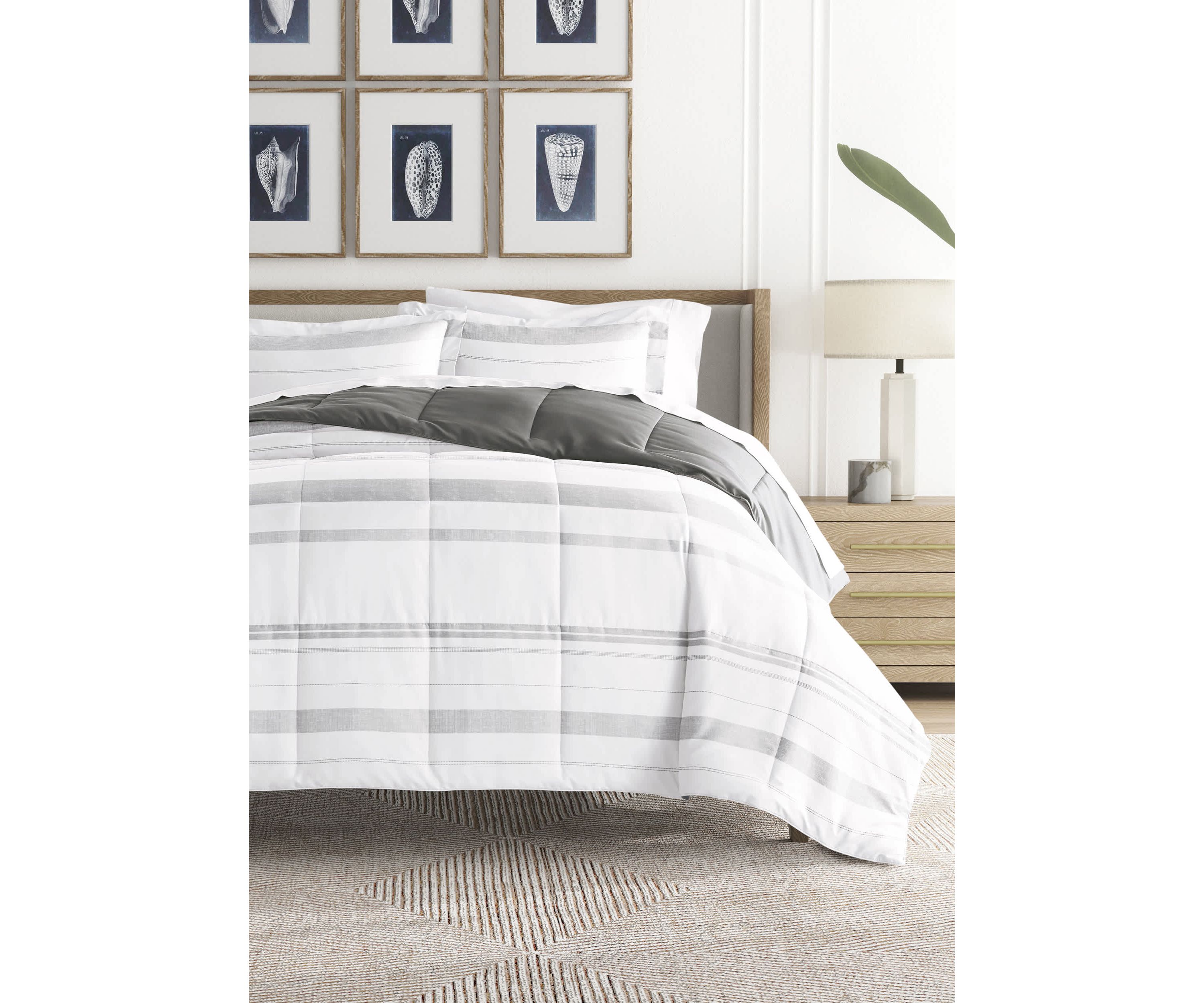Reversible Stitched Stripe Patterned Ultra Soft Microfiber Down-Alternative Comforter Set