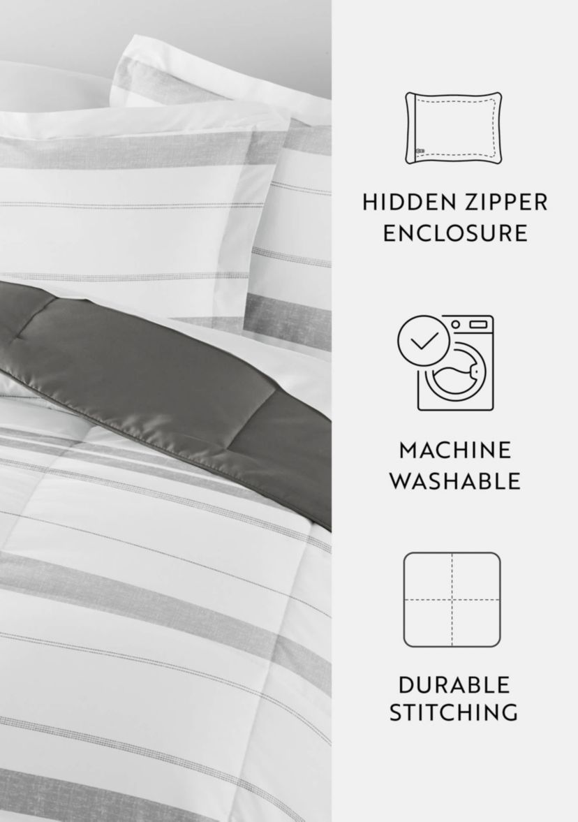 Reversible Stitched Stripe Patterned Ultra Soft Microfiber Down-Alternative Comforter Set