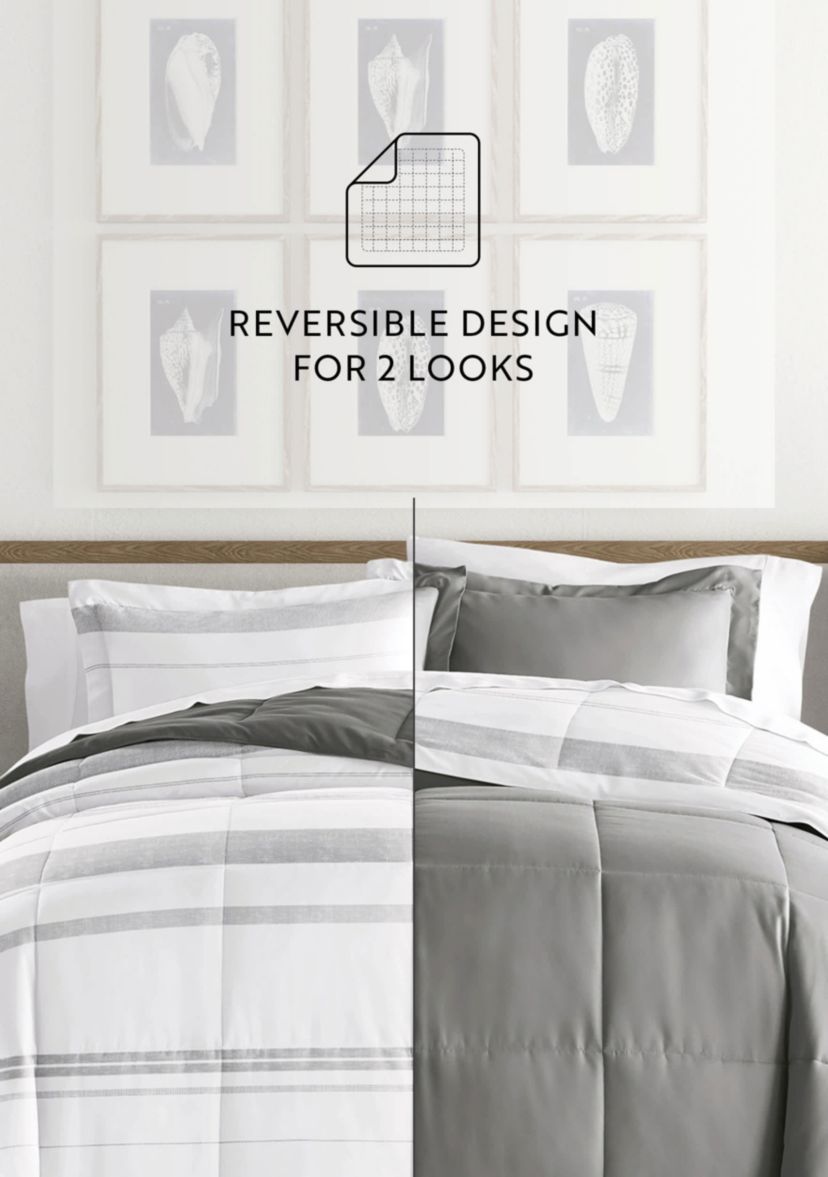 Reversible Stitched Stripe Patterned Ultra Soft Microfiber Down-Alternative Comforter Set