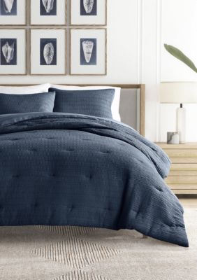 Luxury Inn Waffle Textured Ultra Soft Microfiber All Season Down-Alternative Comforter Set, Navy Blue, King