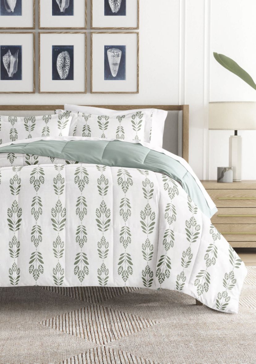Reversible Folk Leaves Patterned Ultra Soft Microfiber Down-Alternative Comforter Set