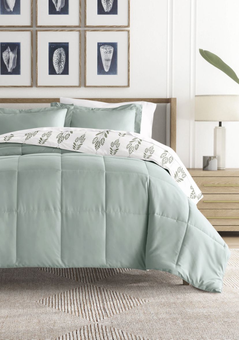 Reversible Folk Leaves Patterned Ultra Soft Microfiber Down-Alternative Comforter Set