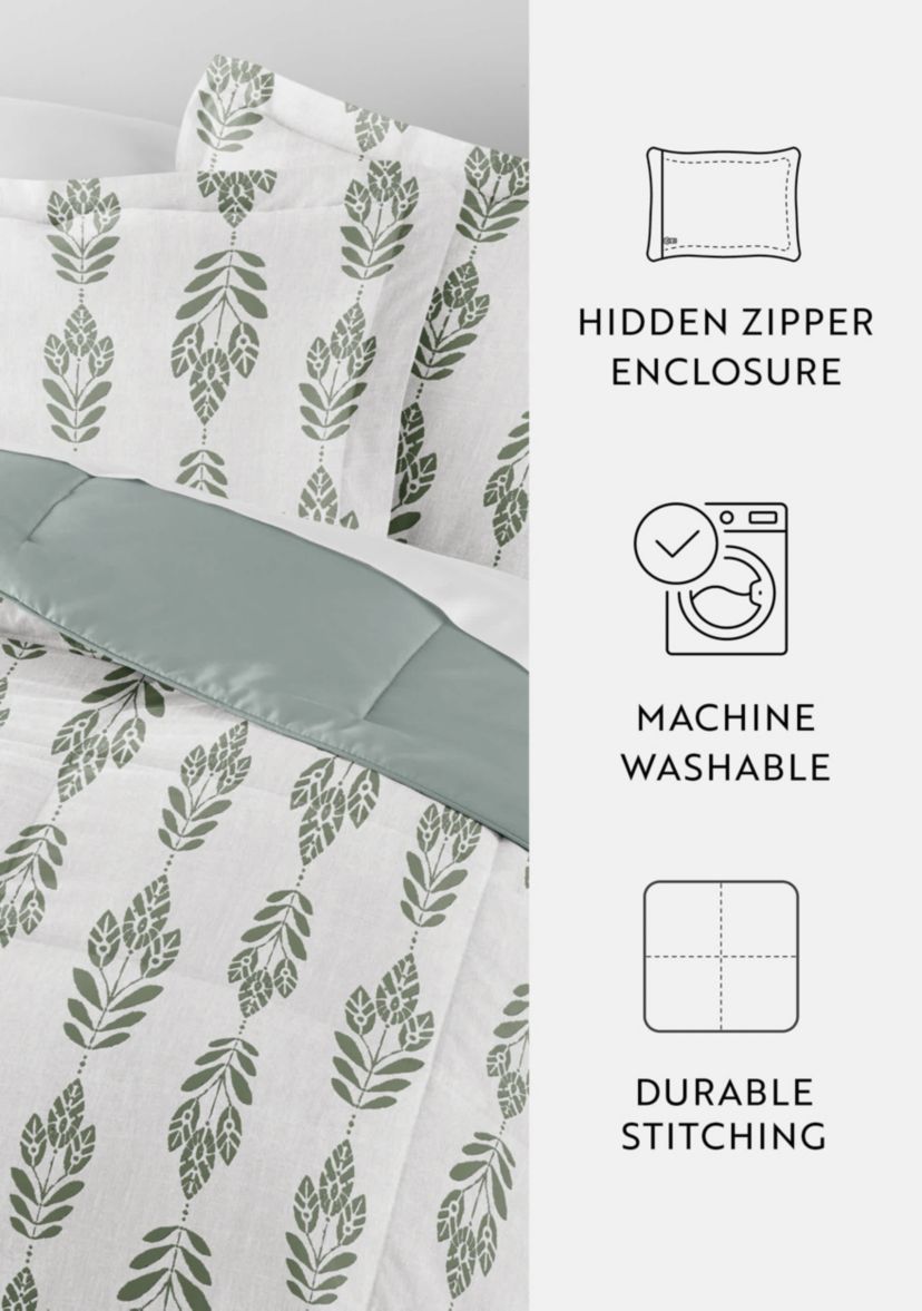 Reversible Folk Leaves Patterned Ultra Soft Microfiber Down-Alternative Comforter Set