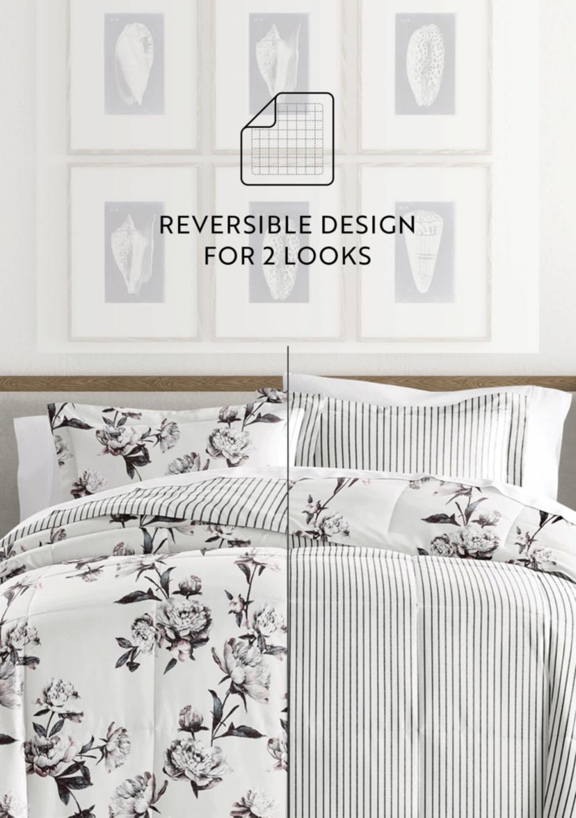 Reversible Vintage Magnolia Patterned Ultra Soft Microfiber Down-Alternative Comforter Set