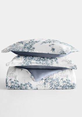 Comforter Set Patterned Reversible Microfiber All Season Down-Alternative Ultra Soft Bedding Bamboo Leaves Blue