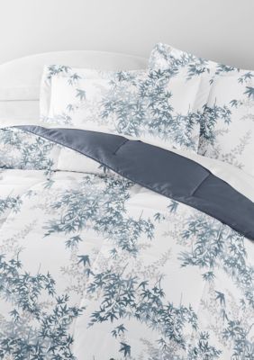 Comforter Set Patterned Reversible Microfiber All Season Down-Alternative Ultra Soft Bedding Bamboo Leaves Blue