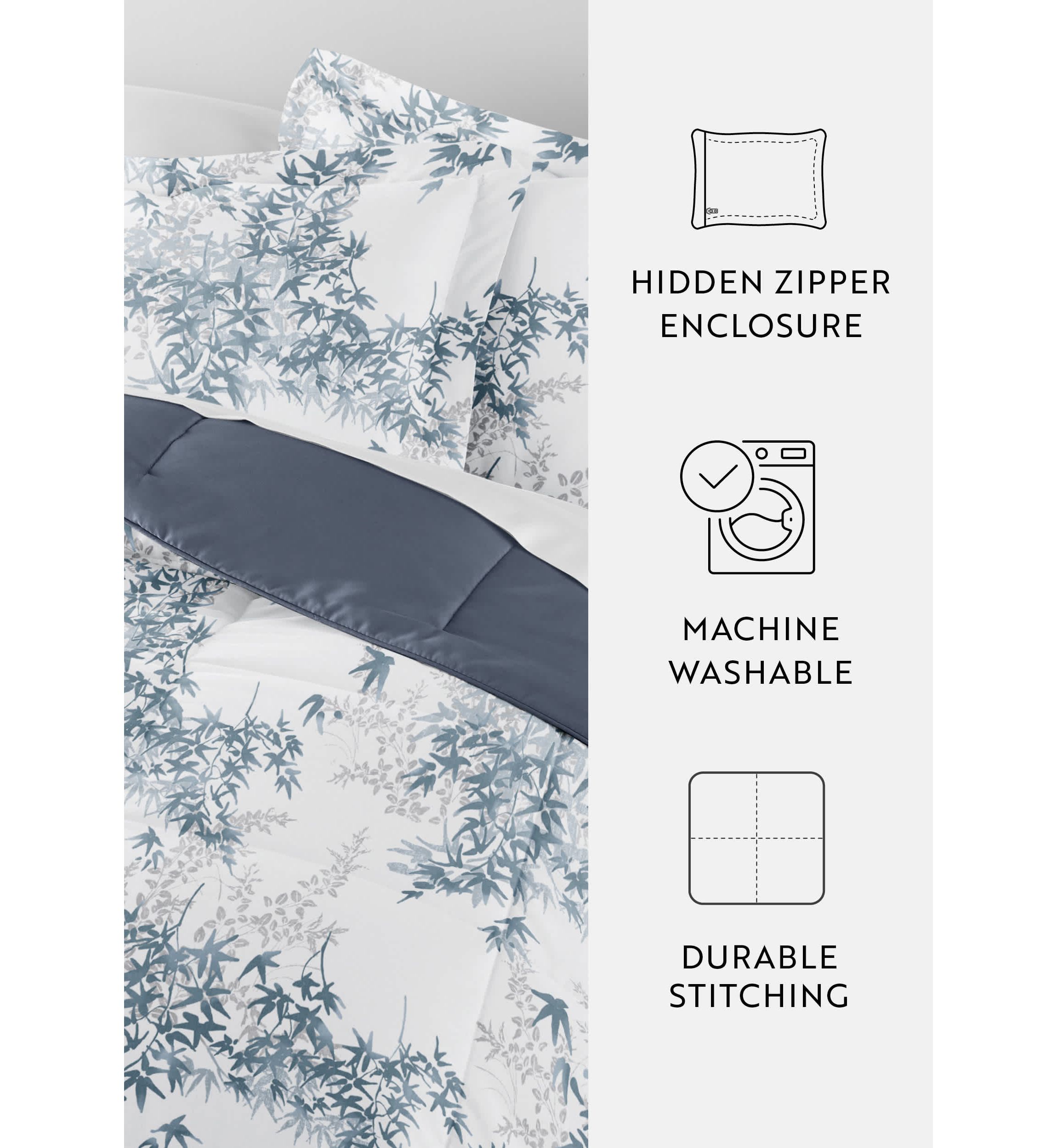 Reversible Bamboo Leaves Patterned Ultra Soft Microfiber Down-Alternative Comforter Set