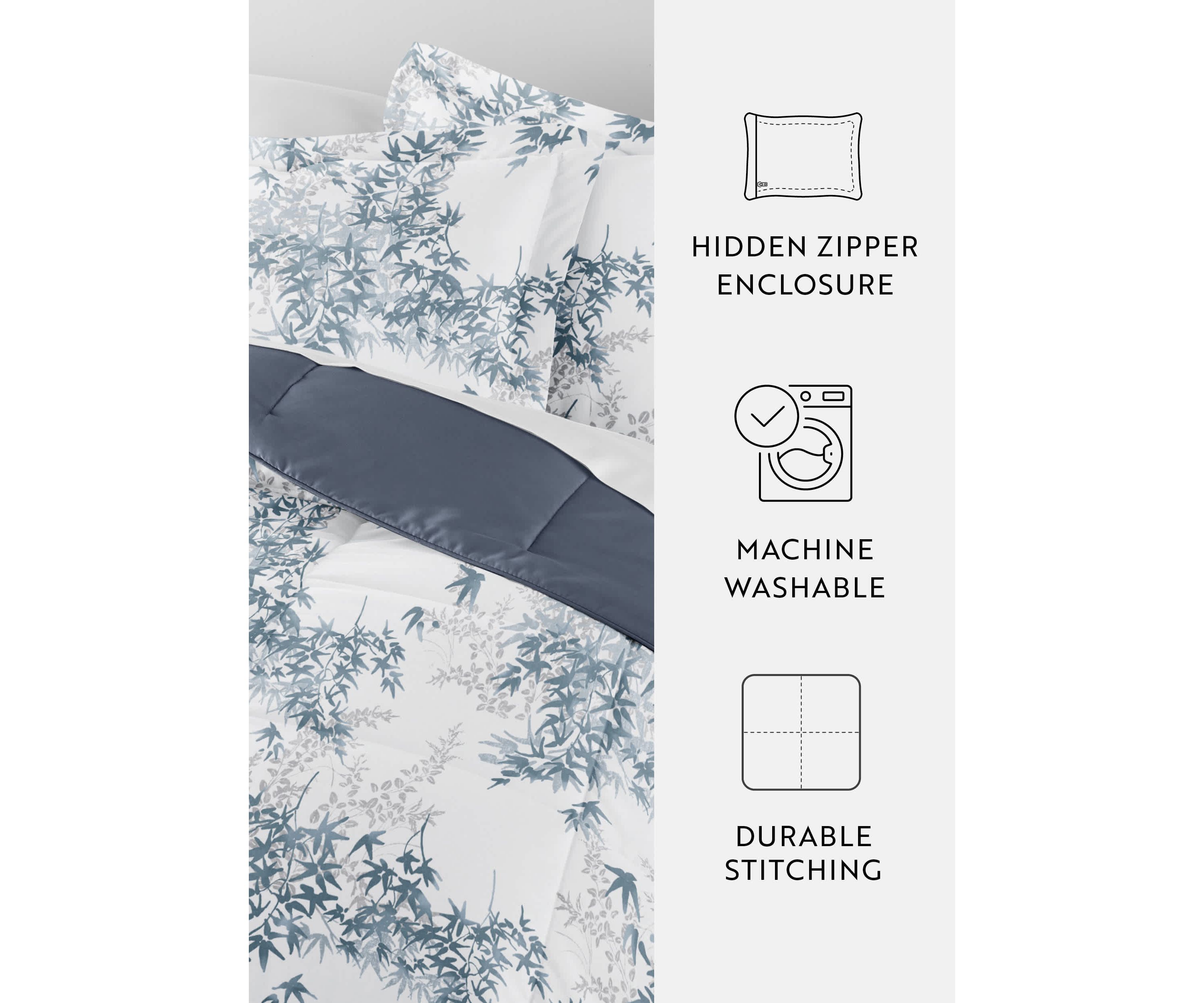 Reversible Bamboo Leaves Patterned Ultra Soft Microfiber Down-Alternative Comforter Set