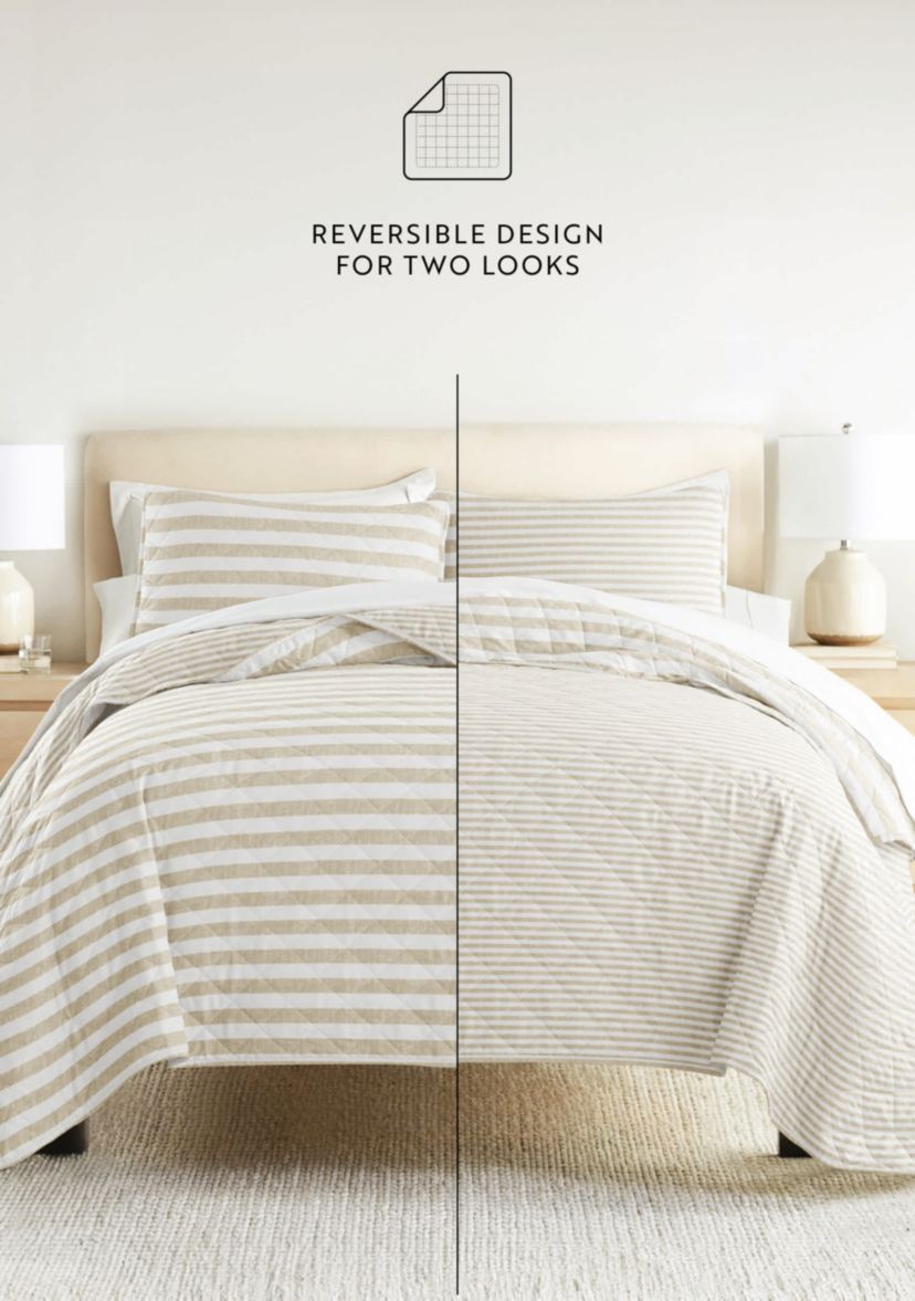 Ultra Soft Microfiber Reversible Classic Stripe All Season Quilt Set with Shams