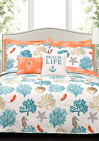 7pc KING Quilt Set COASTAL REEF FEATHER Coral reversible Nautical Beach 