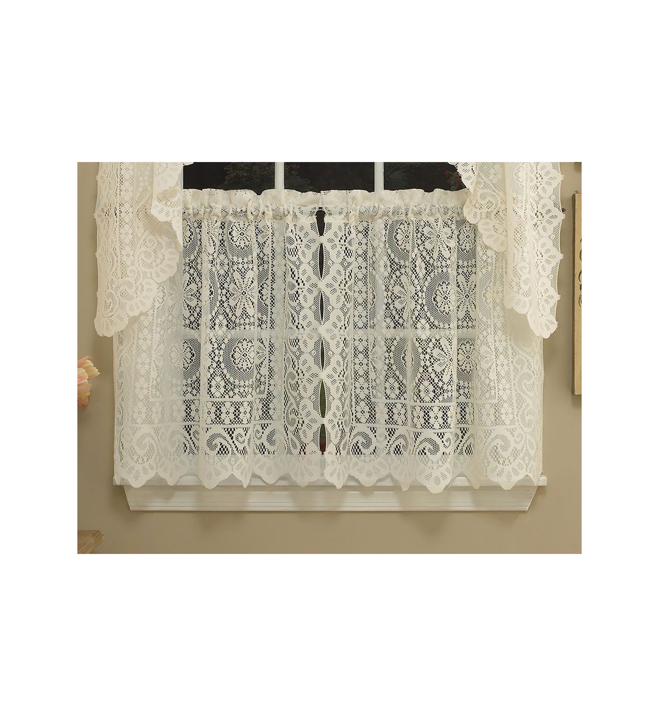 Old World Style Floral Heavy Lace Kitchen Curtain Tier