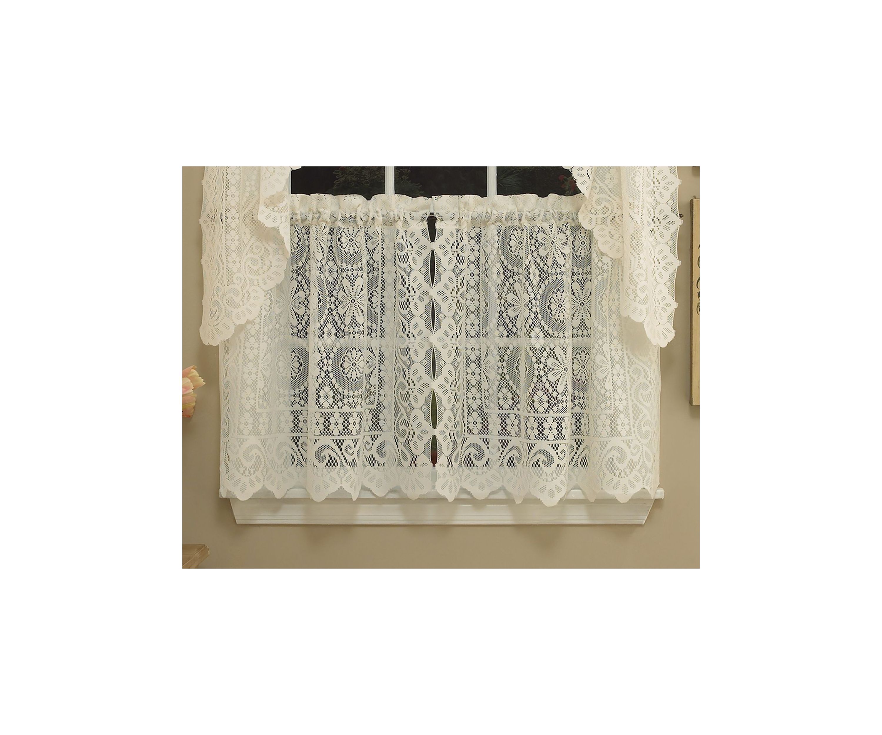 Old World Style Floral Heavy Lace Kitchen Curtain Tier
