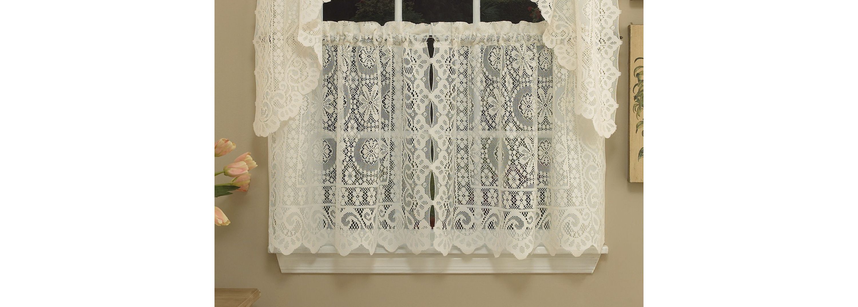 Old World Style Floral Heavy Lace Kitchen Curtain Tier