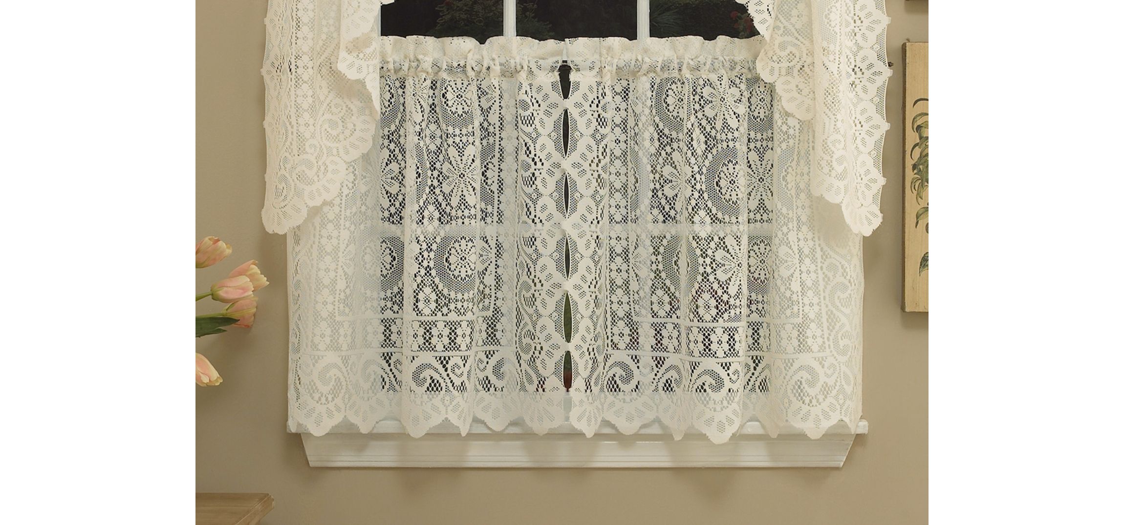 Old World Style Floral Heavy Lace Kitchen Curtain Tier