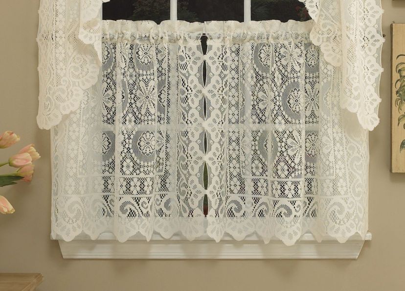 Old World Style Floral Heavy Lace Kitchen Curtain Tier