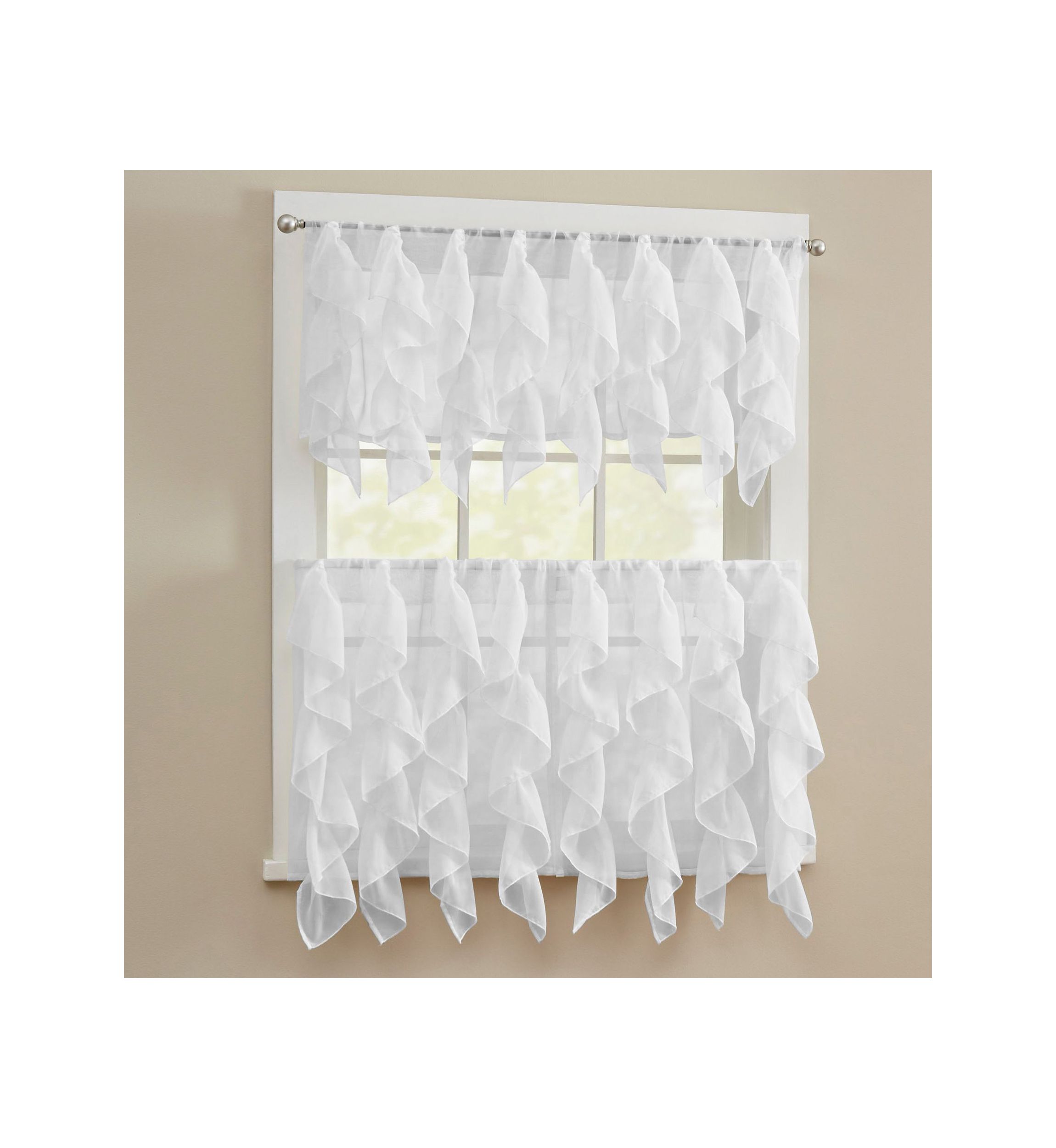 Sheer Voile Vertical Ruffle Window Kitchen Curtain Tiers & Valance Set
