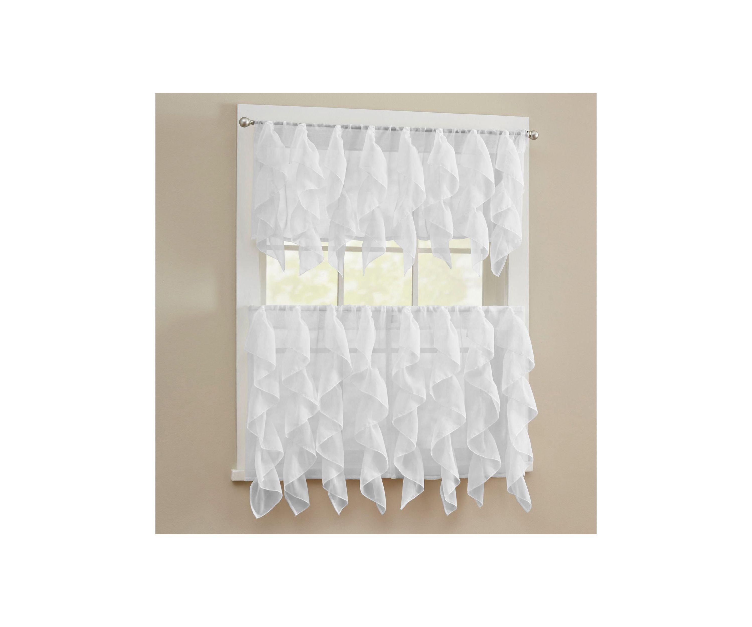 Sheer Voile Vertical Ruffle Window Kitchen Curtain Tiers & Valance Set