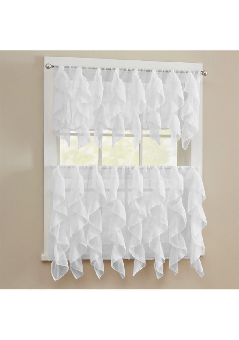 Sheer Voile Vertical Ruffle Window Kitchen Curtain Tiers & Valance Set