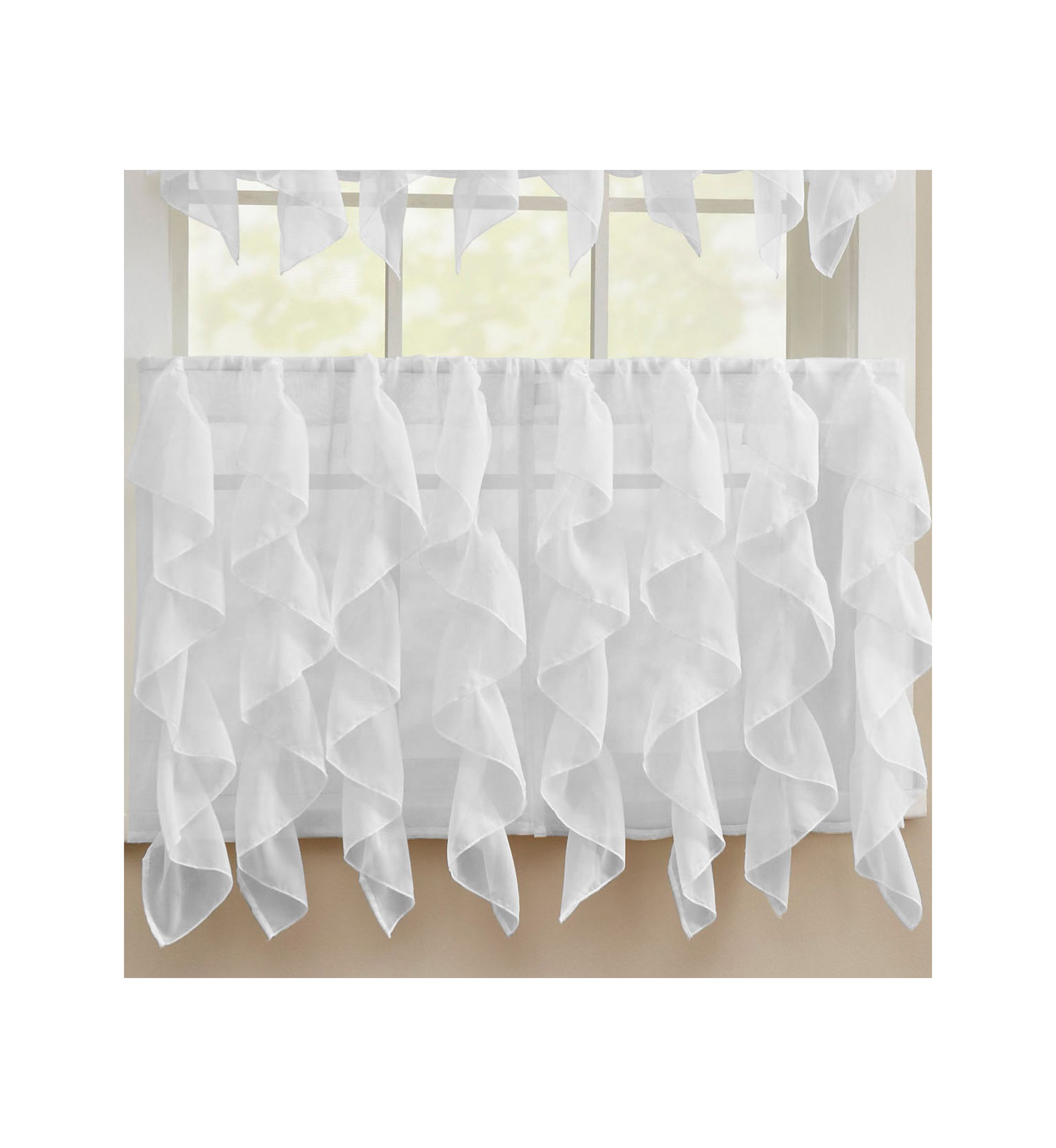 Sheer Voile Vertical Ruffle Window Kitchen Curtain Tiers & Valance Set