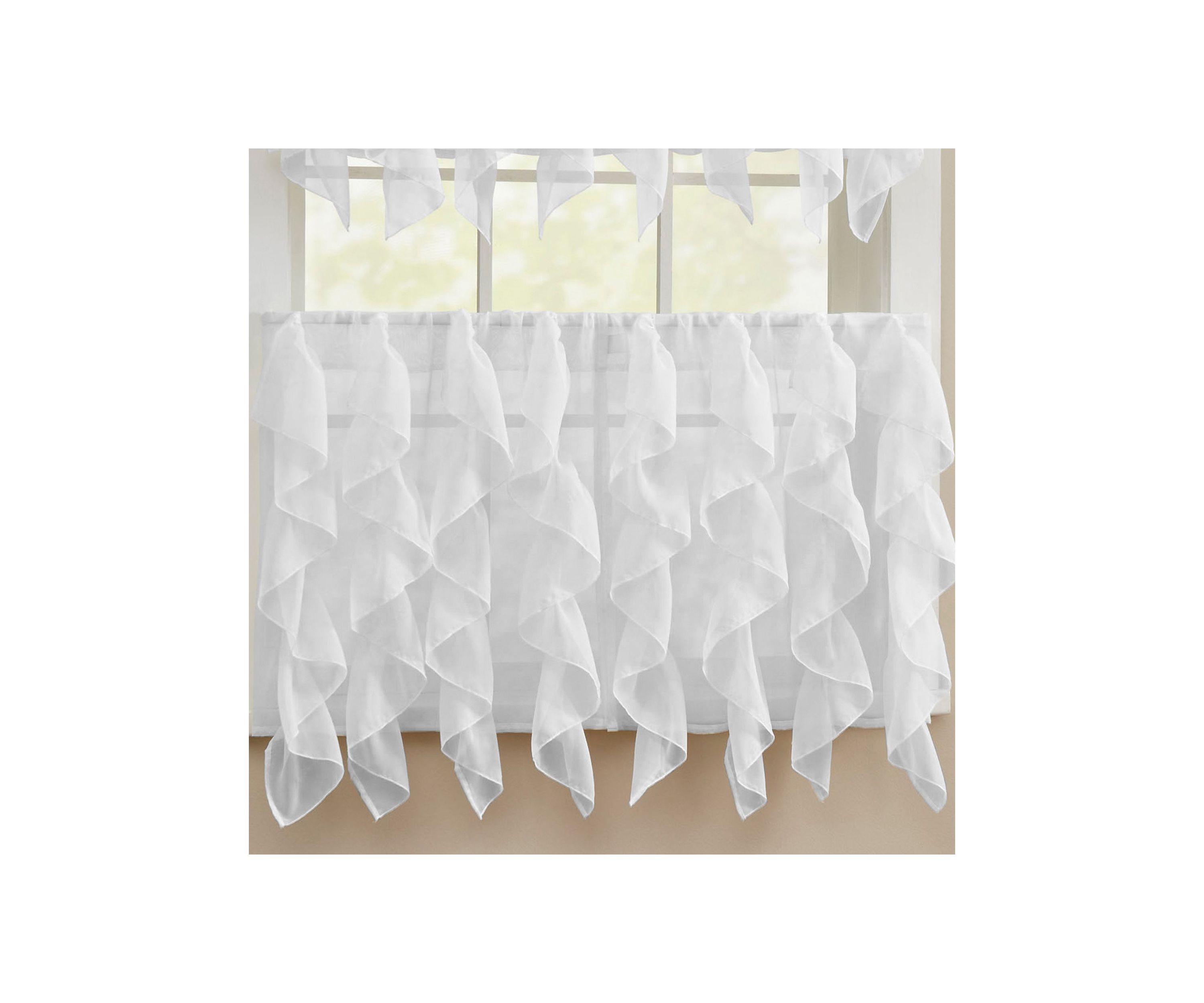 Sheer Voile Vertical Ruffle Window Kitchen Curtain Tiers & Valance Set