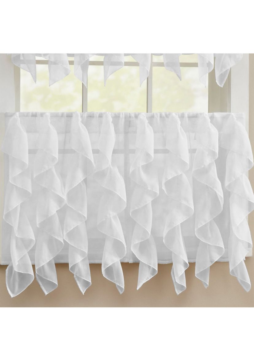 Sheer Voile Vertical Ruffle Window Kitchen Curtain Tiers & Valance Set