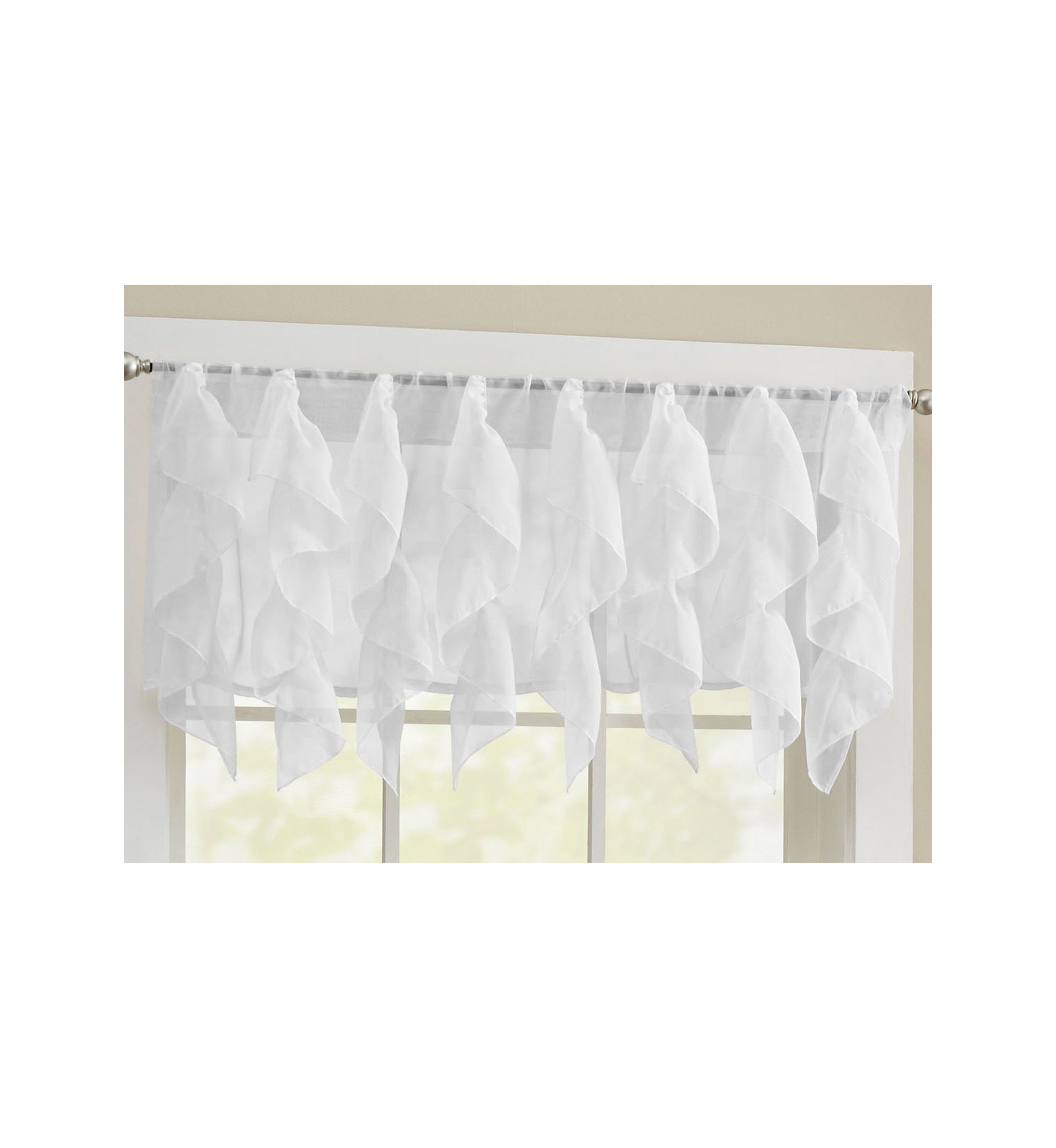 Sheer Voile Vertical Ruffle Window Kitchen Curtain Tiers & Valance Set