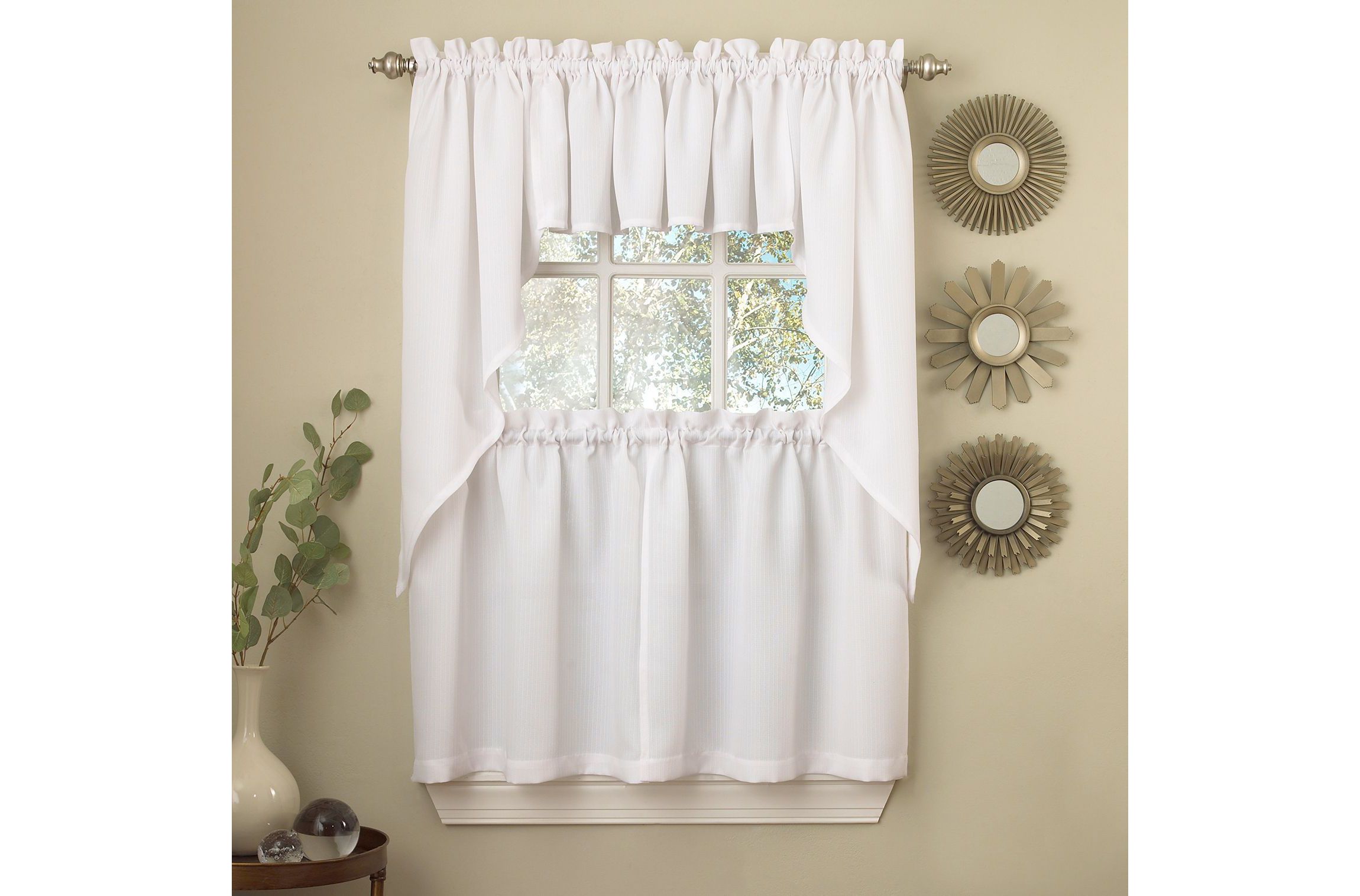 Opaque Solid Ribcord Kitchen Curtains Tiers, Valance & Swag Set