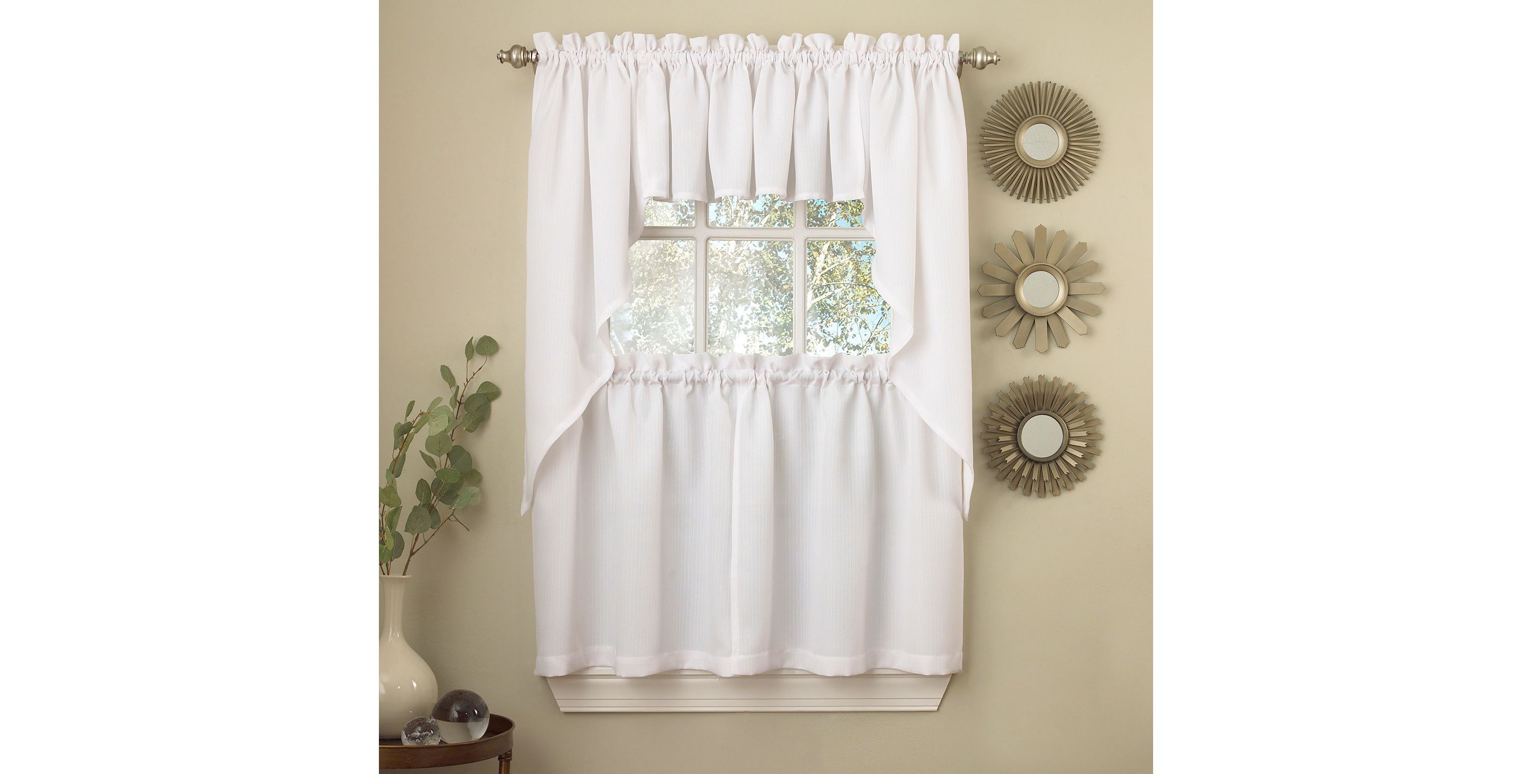 Opaque Solid Ribcord Kitchen Curtains Tiers, Valance & Swag Set