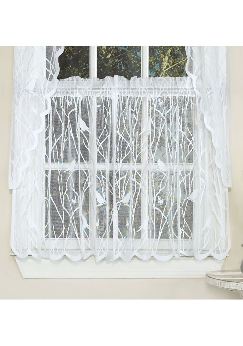 Knit Lace Polyester SongBird Motif Kitchen Window Curtain Tier Pair