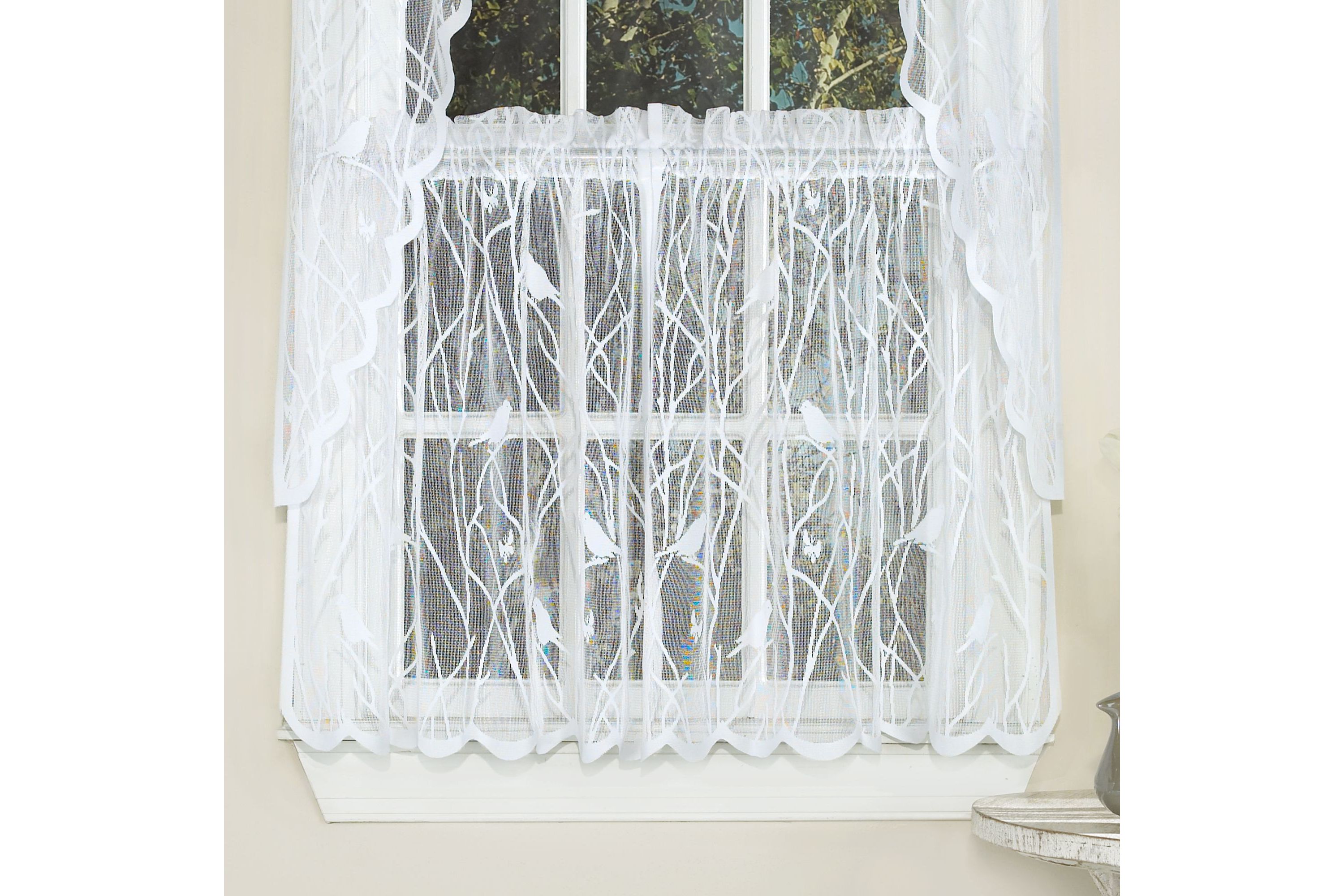 Knit Lace Polyester SongBird Motif Kitchen Window Curtain Tier Pair