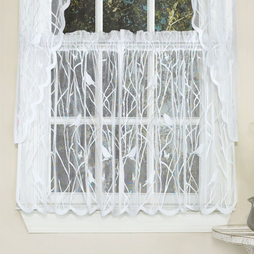 Knit Lace Polyester SongBird Motif Kitchen Window Curtain Tier Pair