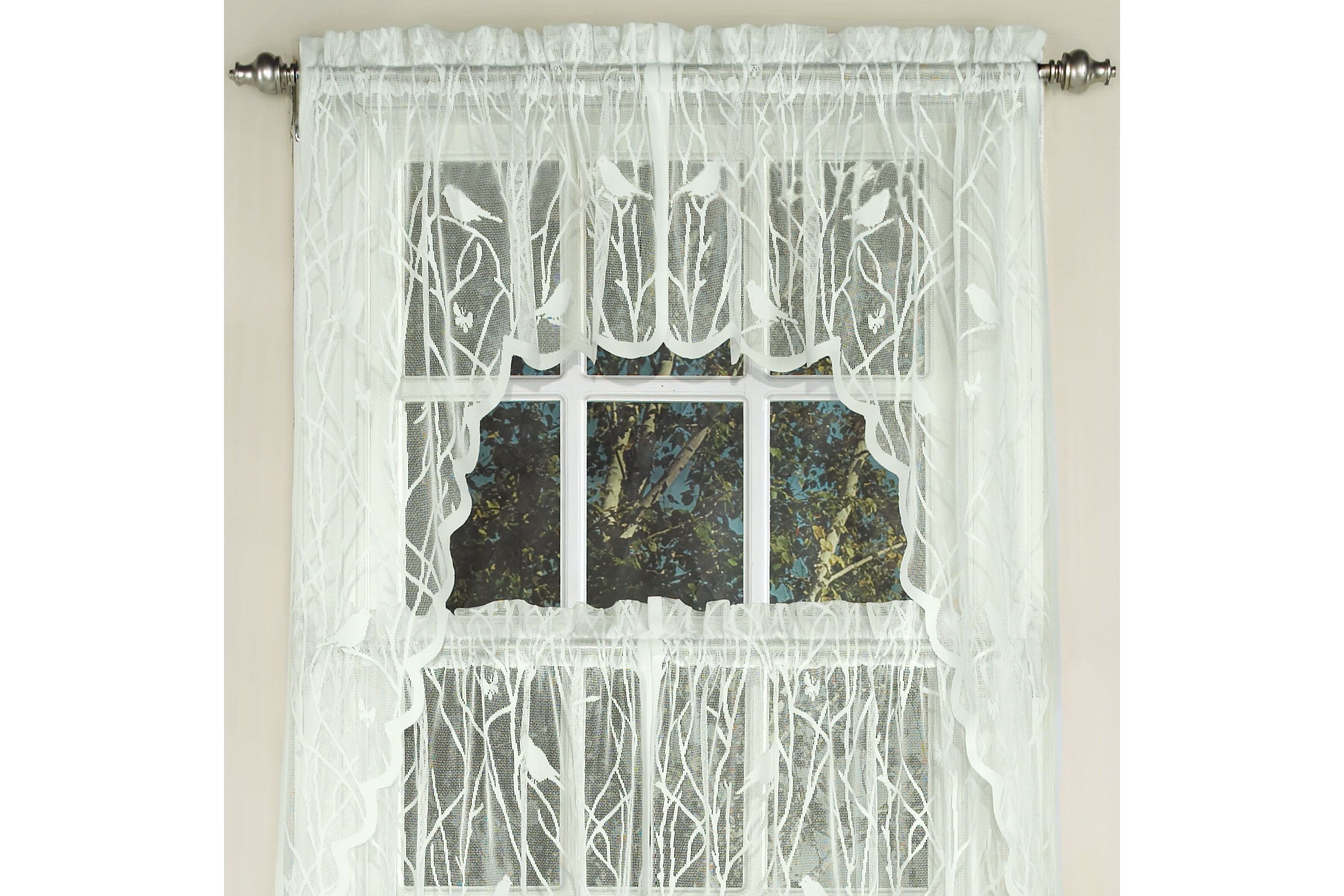 Knit Lace Polyester SongBird Motif Kitchen Window Curtain Swag Pair