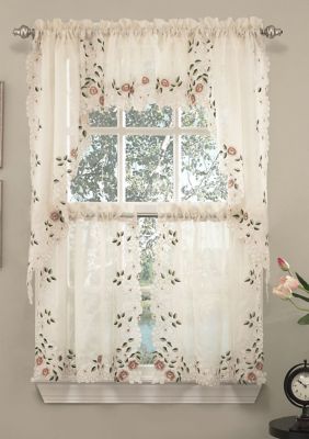 Sweet Home Collection Semi-Sheer Kitchen Curtain Tier Swag Valance Set Rosemary Floral Embroidered