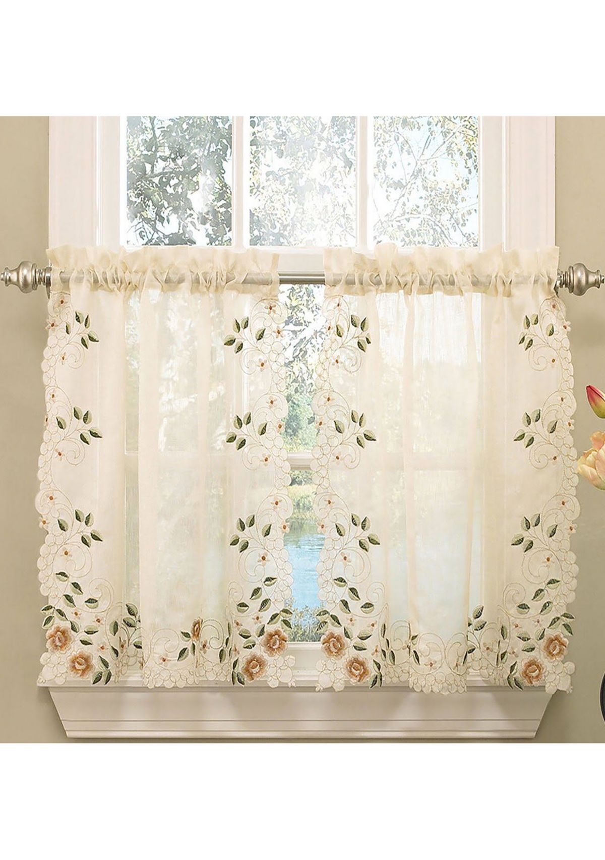 Rosemary Floral Embroidered Semi-Sheer Kitchen Curtain Tier