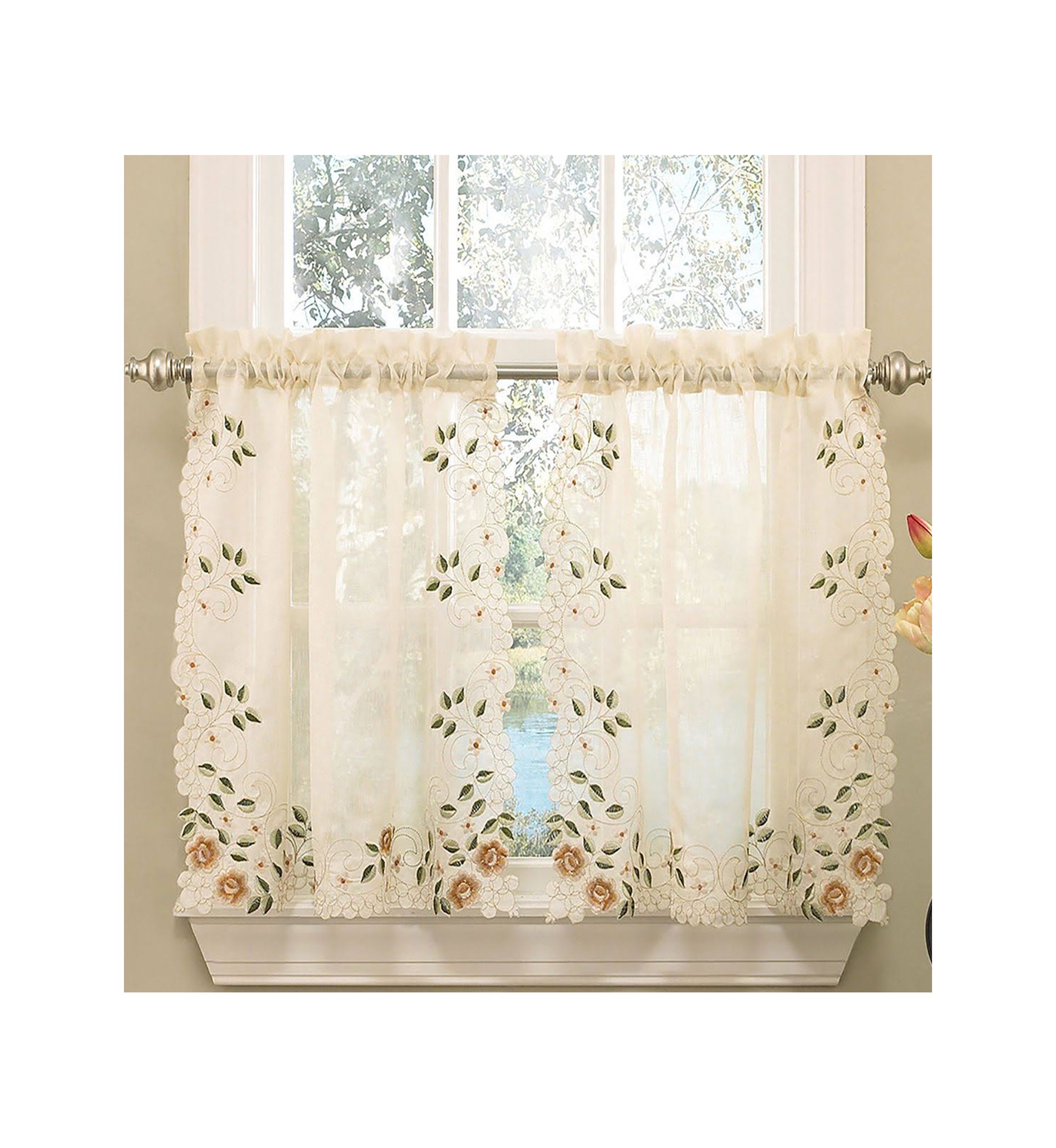 Rosemary Floral Embroidered Semi-Sheer Kitchen Curtain Tier