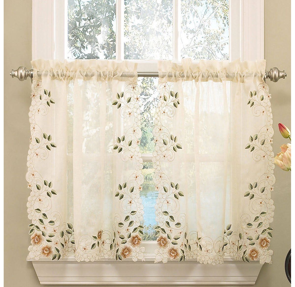 Rosemary Floral Embroidered Semi-Sheer Kitchen Curtain Tier