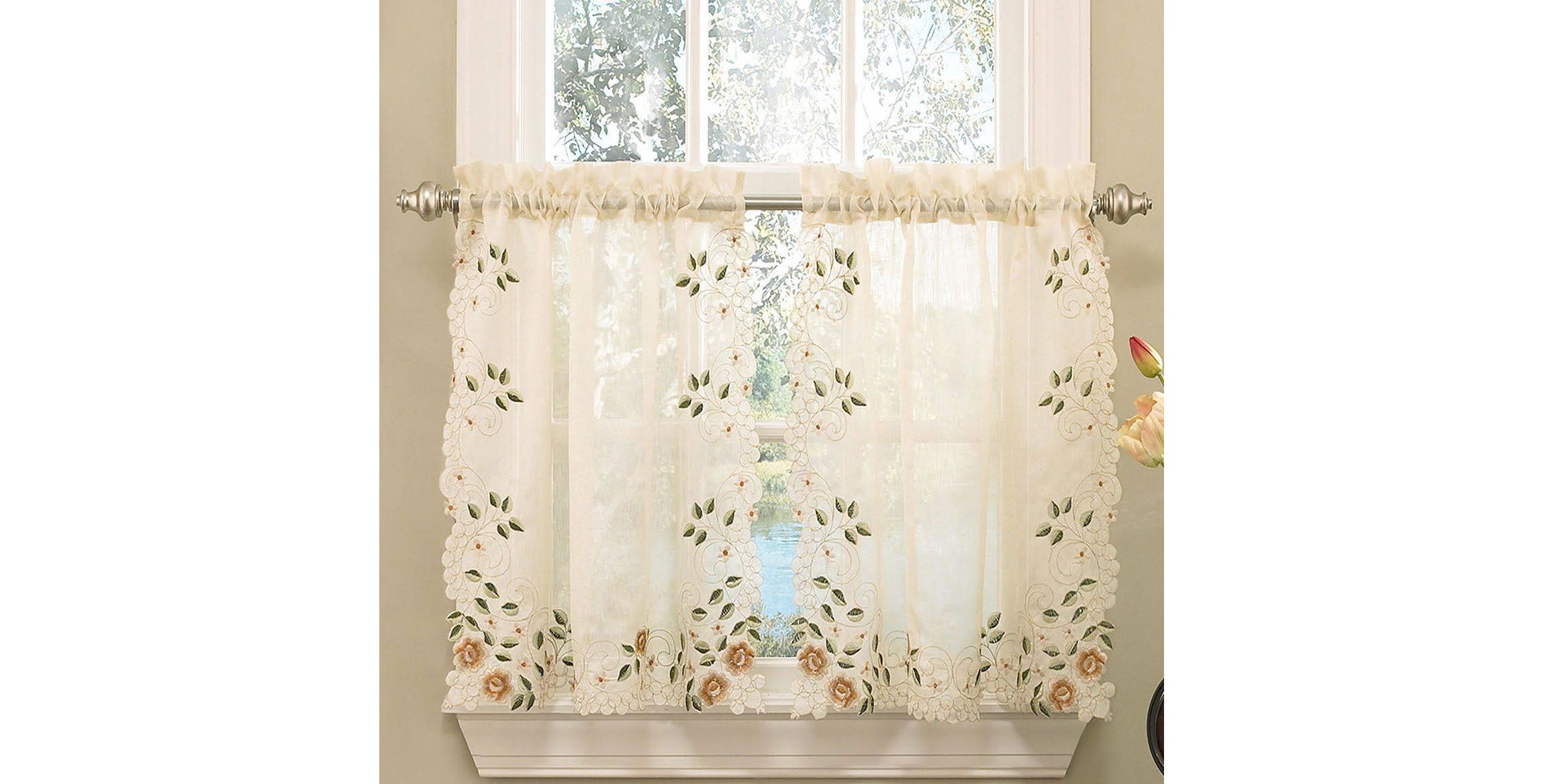 Rosemary Floral Embroidered Semi-Sheer Kitchen Curtain Tier