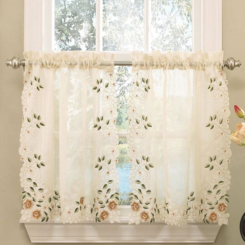 Rosemary Floral Embroidered Semi-Sheer Kitchen Curtain Tier