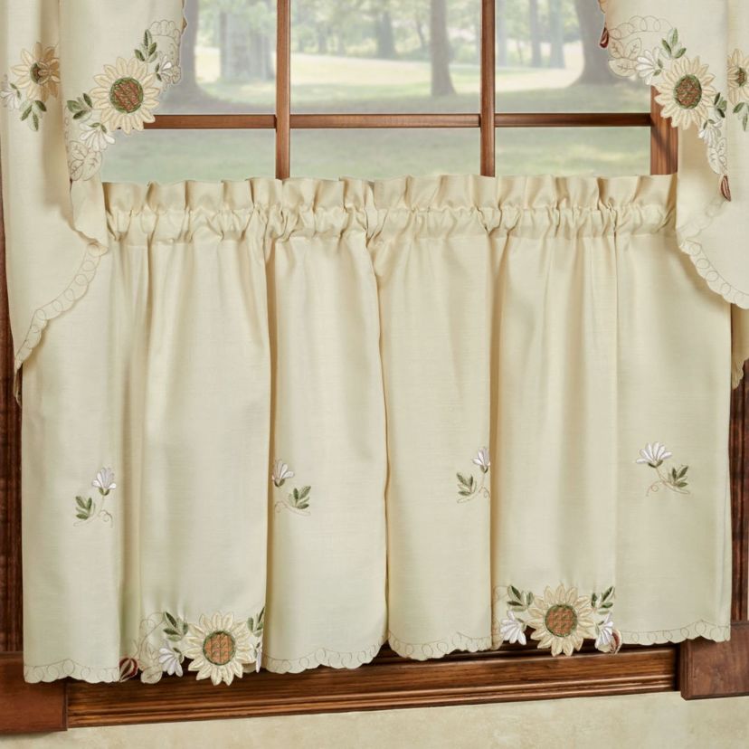 Sunflower Embroidered Kitchen Curtains Tier Pair