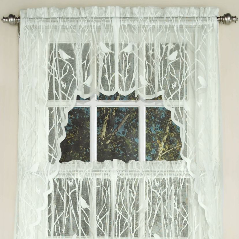 No. 918 Alison Floral Lace Sheer Rod Pocket Kitchen Curtain Swag/Tier Pair - On