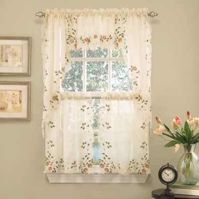Sweet Home Collection Rosemary Linen Embroidered Kitchen Curtains - 36" Tier & Valance Set