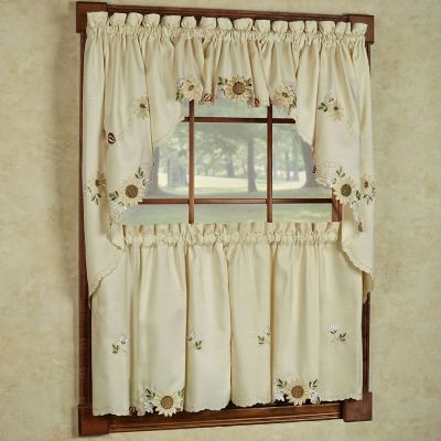 Sweet Home Collection Sunflower Cream Embroidered Kitchen Curtains - 24" Tier & Valance Set