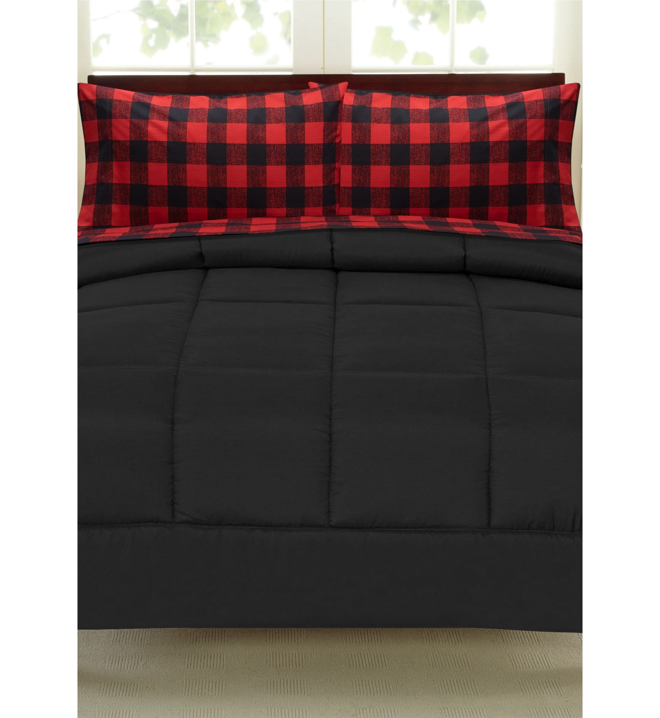 Buffalo Check Sheet Set Burgundy/Black and Solid Black Comforter