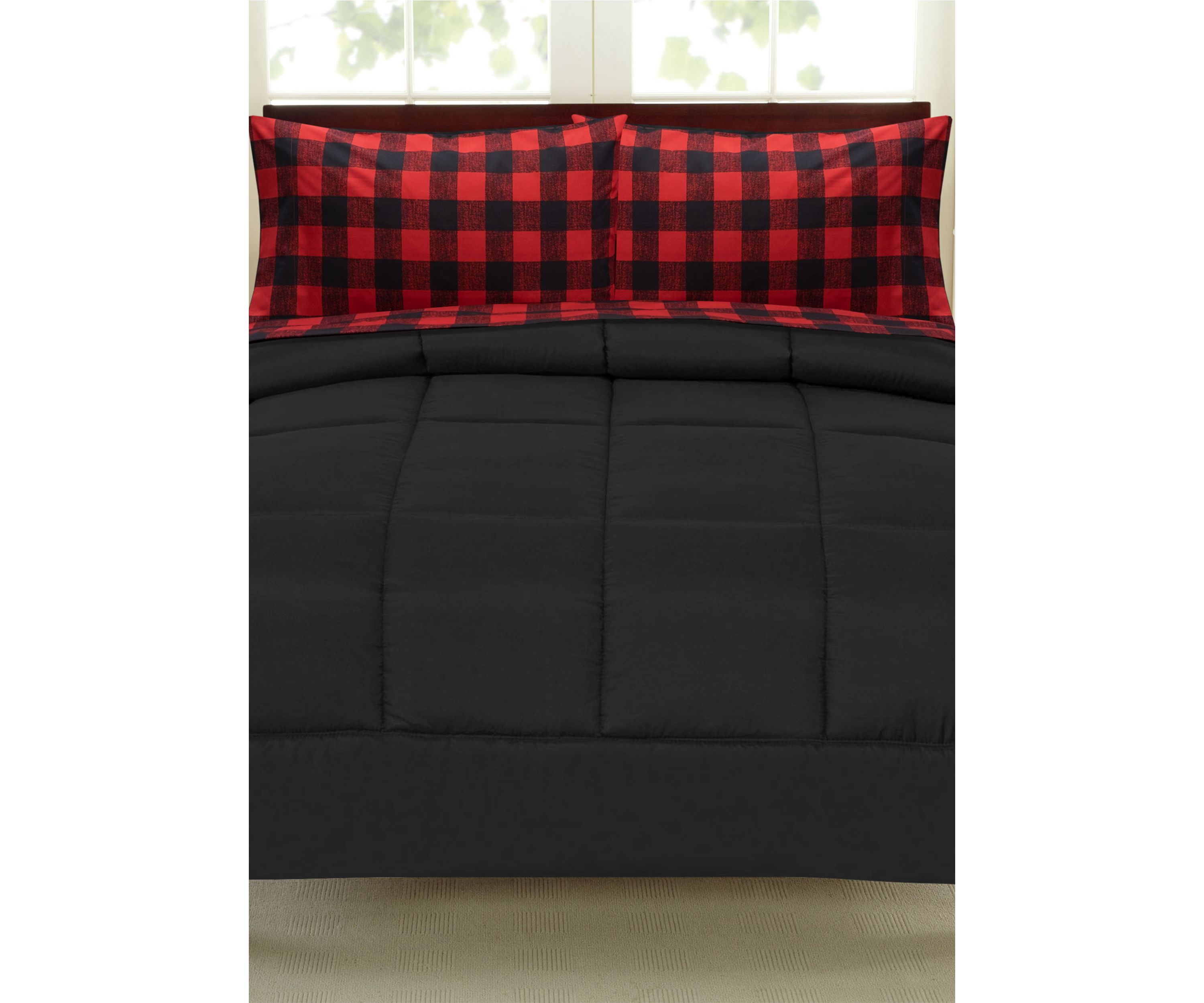 Buffalo Check Sheet Set Burgundy/Black and Solid Black Comforter