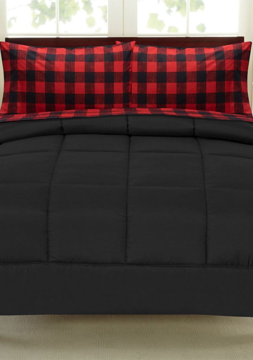 Buffalo Check Sheet Set Burgundy/Black and Solid Black Comforter