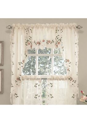 Sweet Home Collection Rosemary Floral Embroidered Semi-Sheer Kitchen Curtain Swag pair
