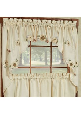 Sweet Home Collection Sunflower Cream Embroidered Kitchen Curtains Swag Pair