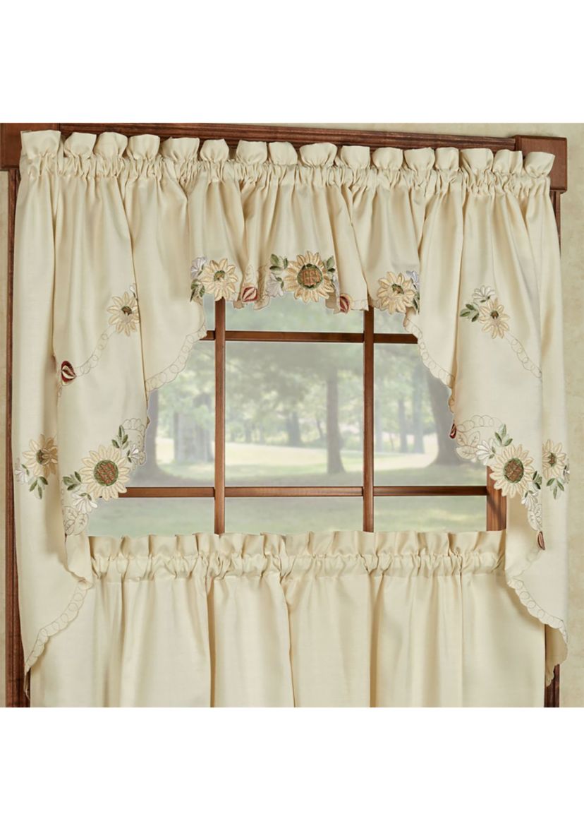 Sunflower Cream Embroidered Kitchen Curtains Swag Pair